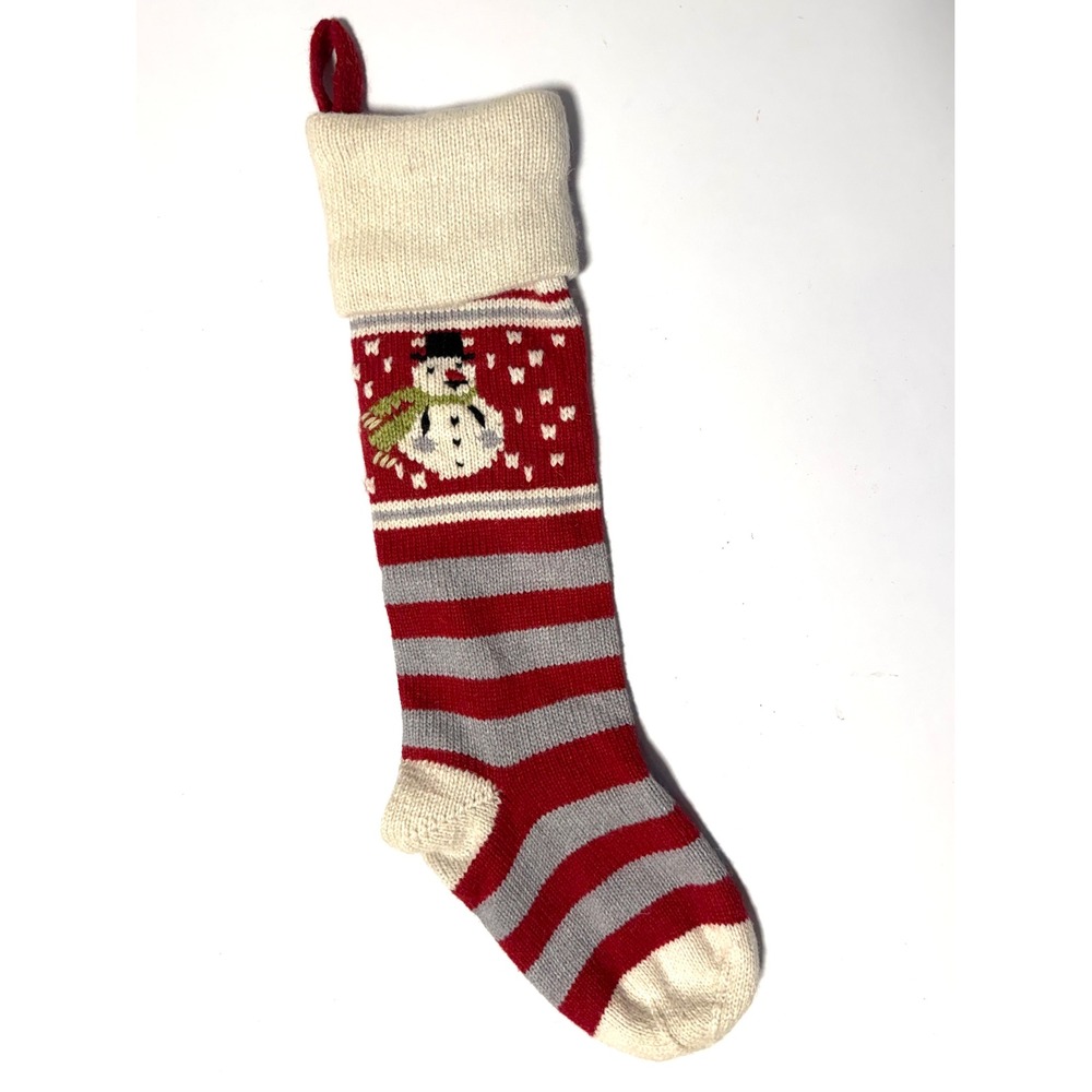 Pottery Barn Kids Snowman Fair Isle Knit Christmas Stocking Red Grey Striped